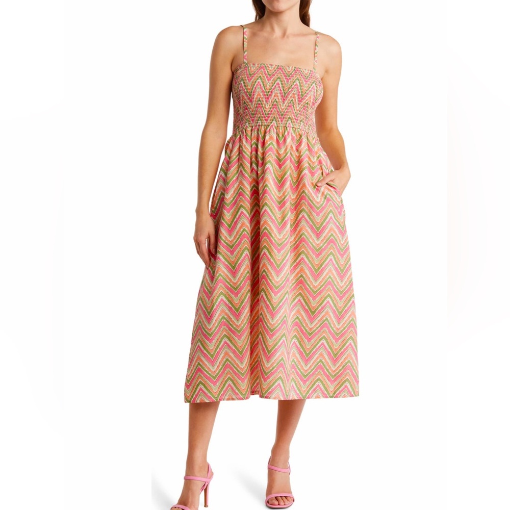 Maisie mutlixooor geometric smocked tank top midi dress
